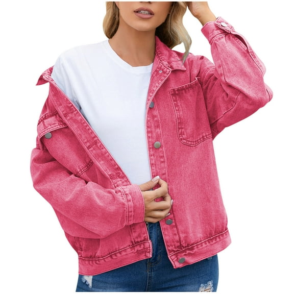 HTNBO Women's Oversized Button Down Denim Jacket Casual Boyfriend Long Sleeve Jean Jacket with Pockets