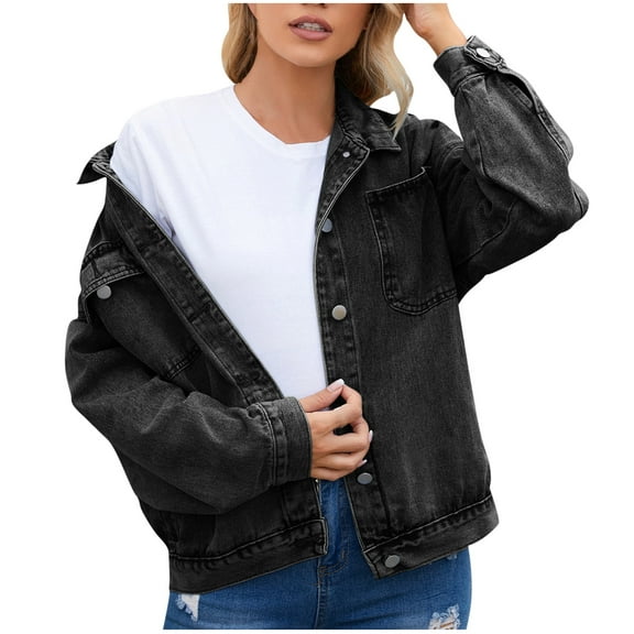 HTNBO Women's Oversized Button Down Denim Jacket Casual Boyfriend Long Sleeve Jean Jacket with Pockets