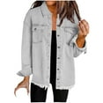 thumbnail image 1 of HTNBO Women’s Oversized Button Up Frayed Hem Shacket Long Sleeve Pockets Denim Jean Jacket, 1 of 6