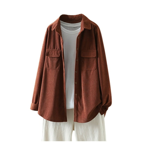 HTNBO Women's Oversized Corduroy Jackets Loose Long Sleeve Casual Vintage Button Down Shirts Outerwear