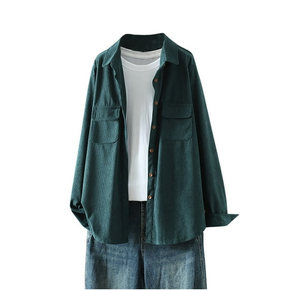 HTNBO Women's Oversized Corduroy Jackets Loose Long Sleeve Casual Vintage Button Down Shirts Outerwear