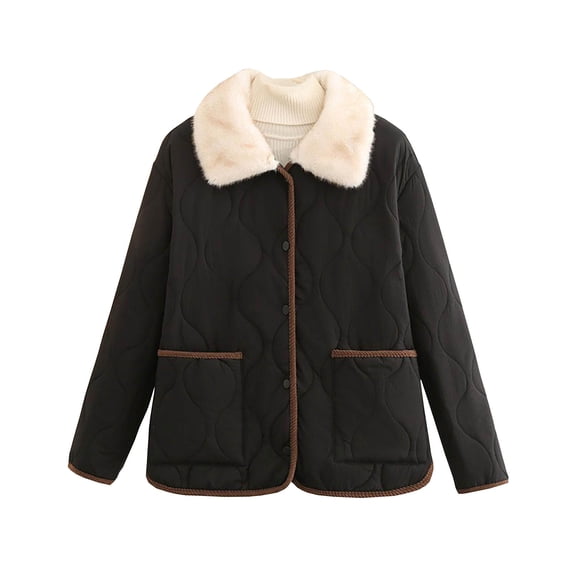 HTNBO Women's Quilted Cotton Jacket with Pockets Long Sleeve Button Closure Warm Loose Fit Woven Coat for Autumn Winter