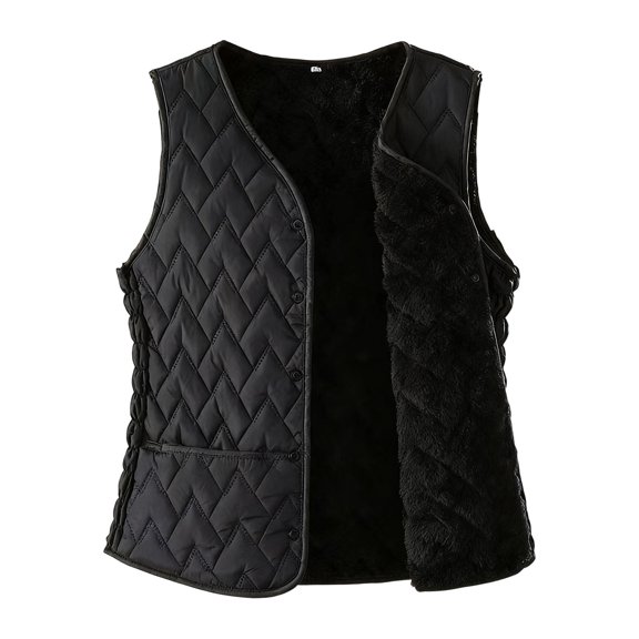 HTNBO Women's Quilted Vest V Neck Fleece Puffer Vest Slim Fit Button Down Padded Gilet Sleeveless Outerwear Coat