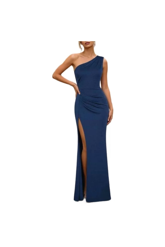 Women's Satin One Shoulder Ruched Bodycon Maxi Dress, Sexy Formal Tight Side Slit Date Evening Gown