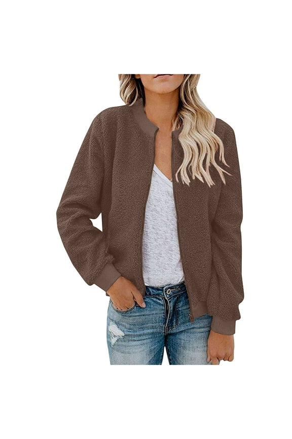 Women's Sherpa Fleece Jacket Faux Fuzzy Long Sleeve Casual Zip Up Bomber Coat