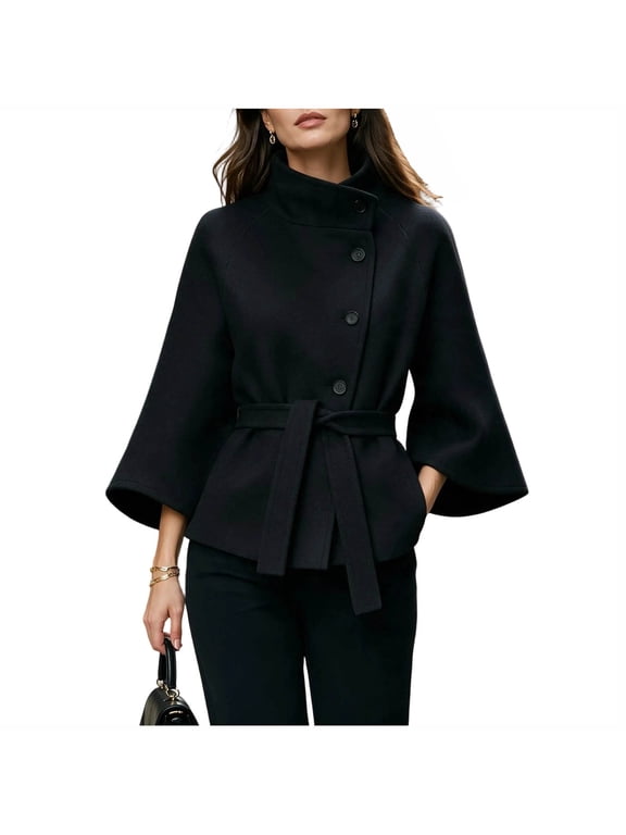 Women's Stand Collar Wool Blend Coat, 3/4 Flare Sleeve Belted Waist Asymmetrical Button Short Jacket for Daily Dressy Wear