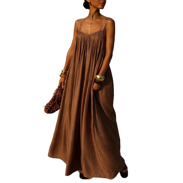 Htnbo Women's Summer Boho Chiffon Maxi Dress, Spaghetti Strap Casual Sundress Beach Vacation Long Dress, Size: 2XL, Brown