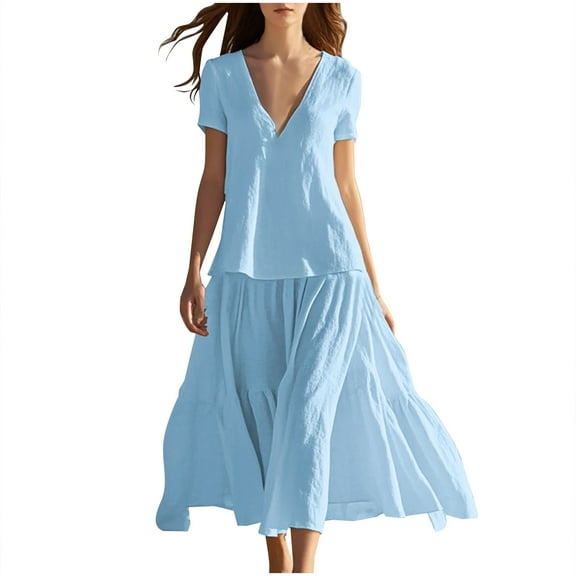 HTNBO Women's Summer Boho Maxi Dresses Casual V Neck Short Sleeve A-line Long Flowy Beach Dress