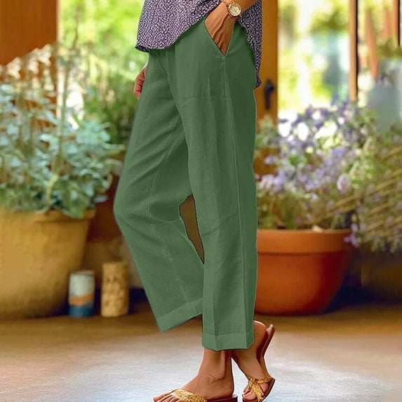 HTNBO Women's Summer Casual Cotton Linen Straight Leg Cropped Pants Petite Plus Size