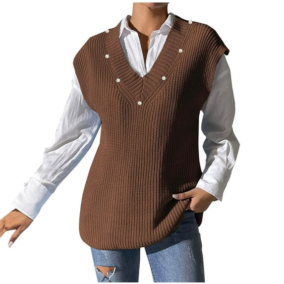 HTNBO Women's Sweater Vest Loose V Neck Cap Sleeve Chunky Knit Tank Tops Fall Sleeveless Pullover Sweaters