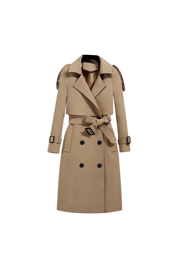 Women's Trench Coat Double-Breasted Classic Lapel Overcoat Belted Slim Outerwear Coat with Detachable Hood