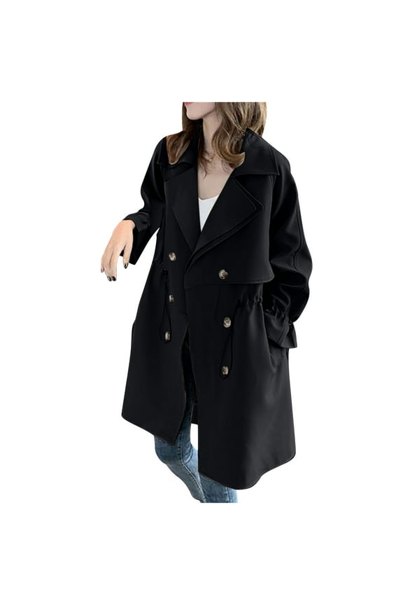 Women's Trench Coat Long Double-Breasted Drawstring Classic Lapel Fall Fashion Overcoat Outerwear with Pockets