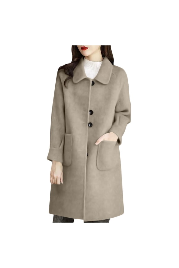 Women's Trench Coat Retro Stand Collar Button Up Slim Overcoat Mid Length Business Officewear Jacket with Pockets