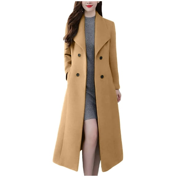 HTNBO Women's Trench Coats Warm Wool Winter Coats Long Overcoat Lapel Coat Single Breasted Work Office Outerwear