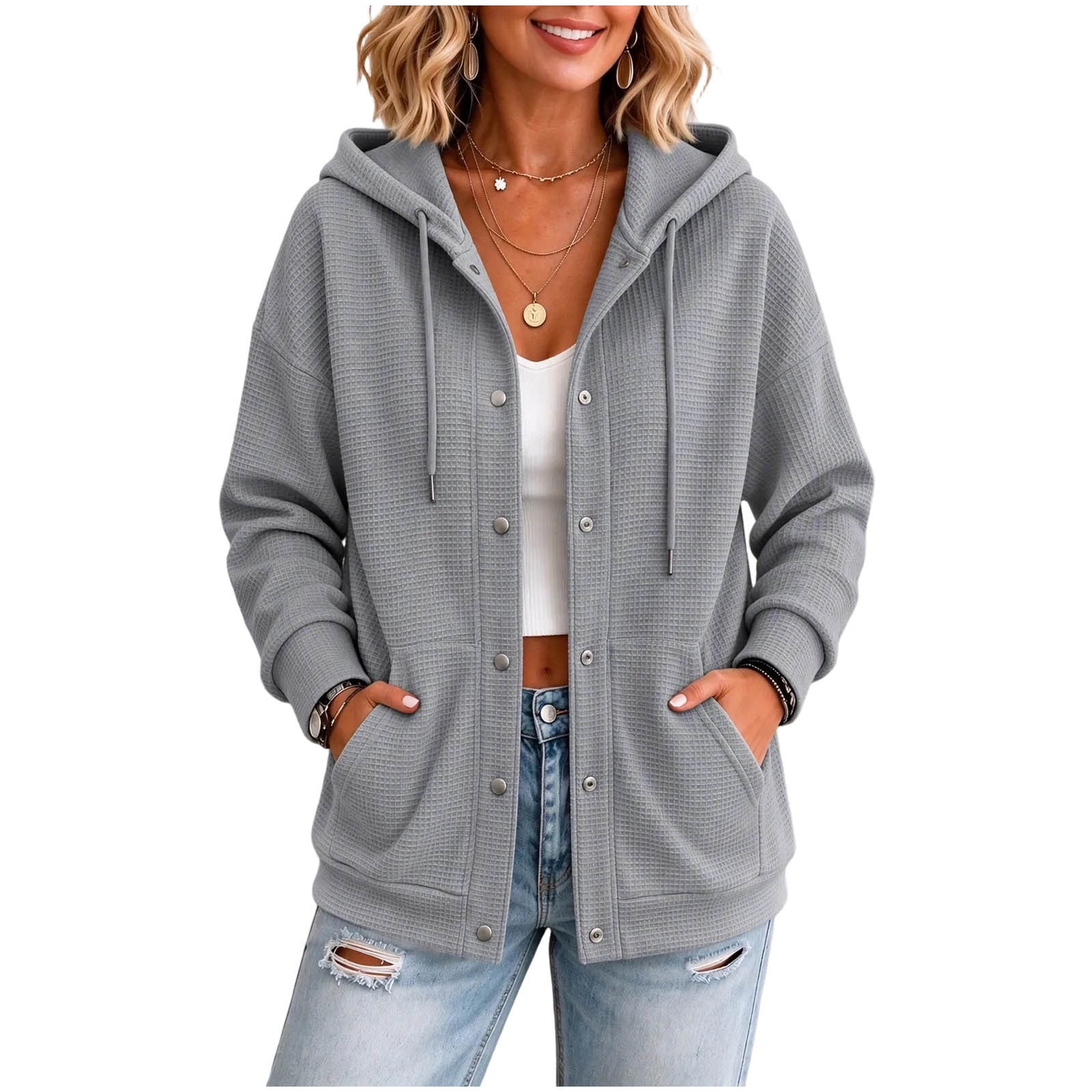 HTNBO Women's Waffle Knit Hooded Jacket Button Down Long Sleeve Casual ...