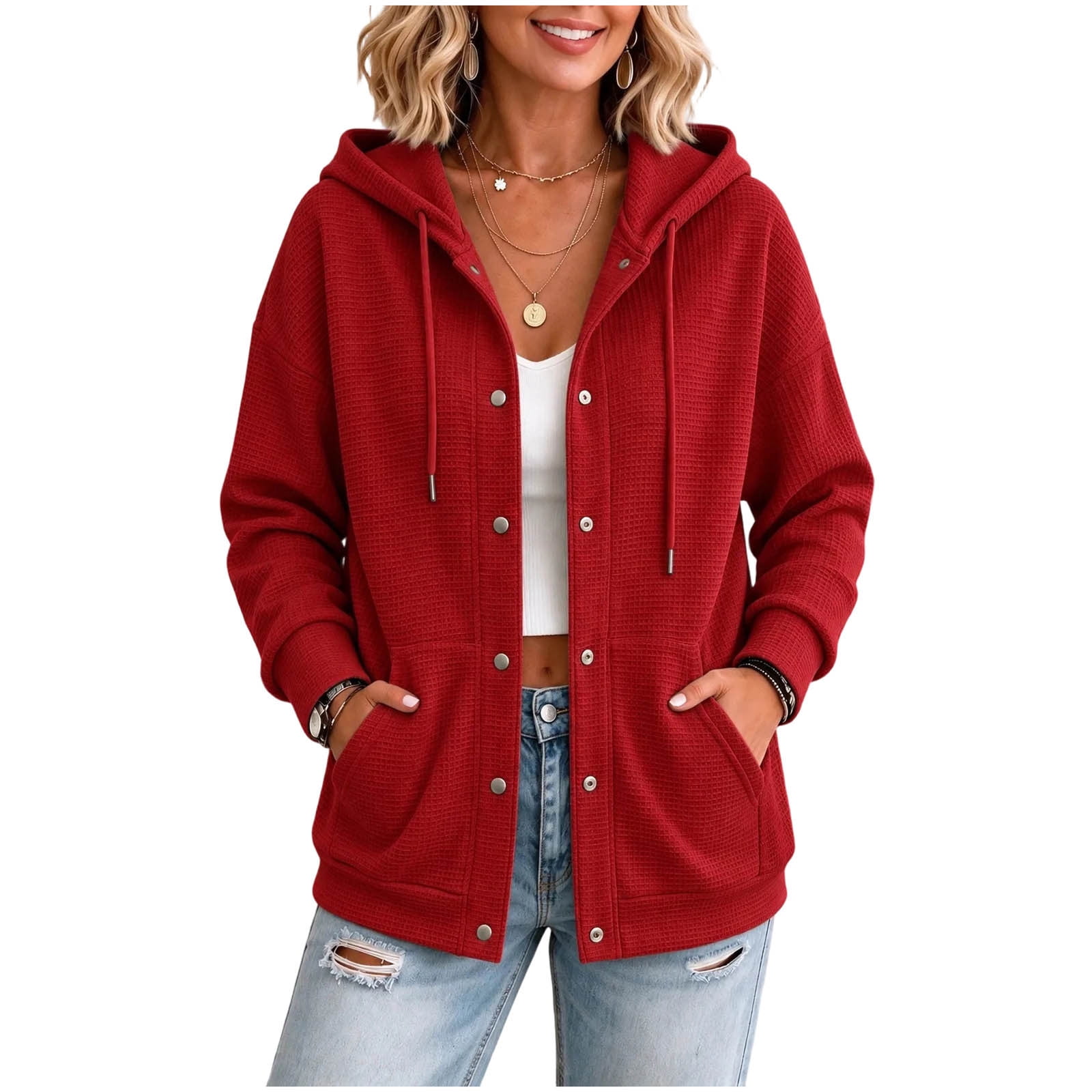 HTNBO Women's Waffle Knit Hooded Jacket Button Down Long Sleeve Casual ...