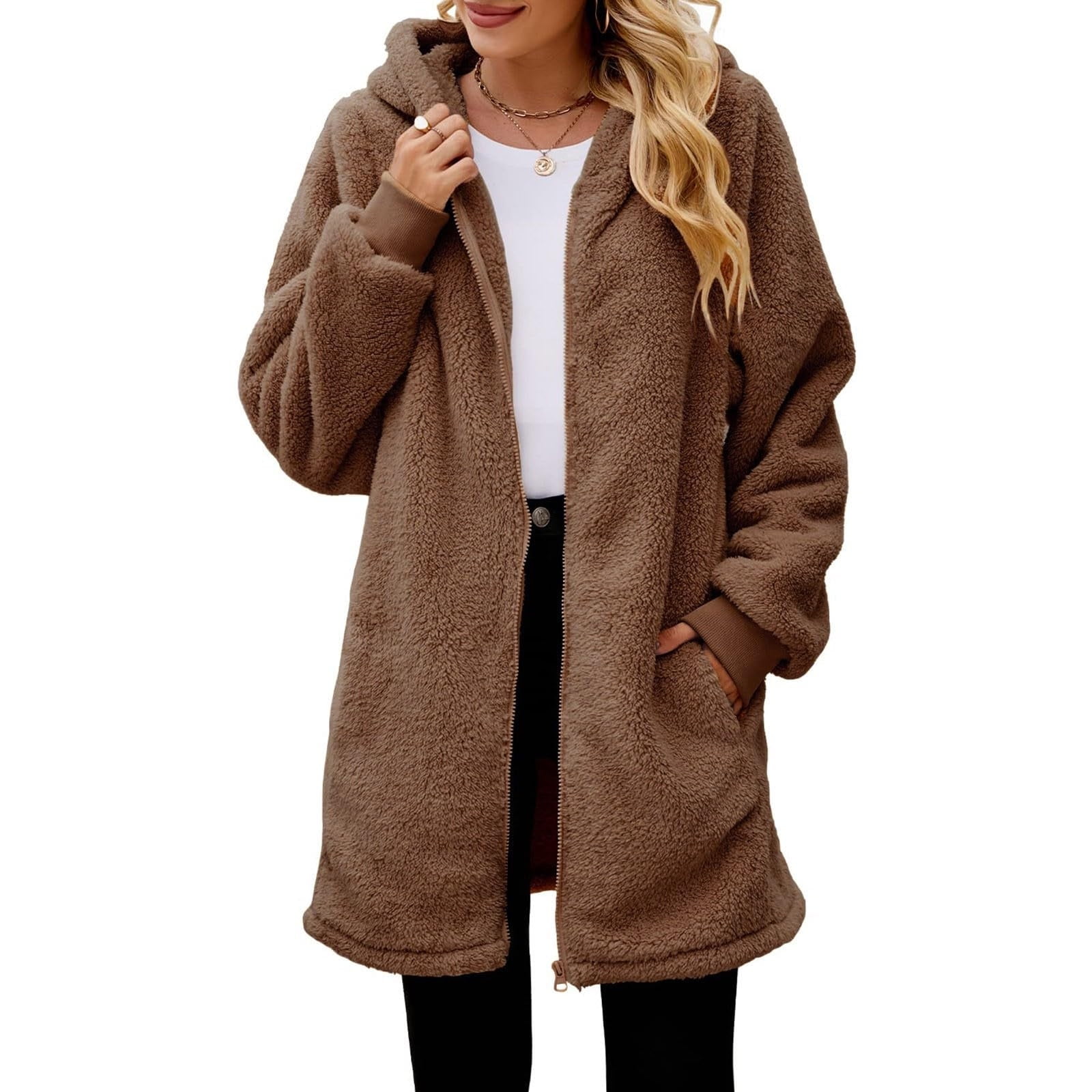 HTNBO Women's Winter Coat Plush Mid Length Casual Full Zip Hooded Cozy ...