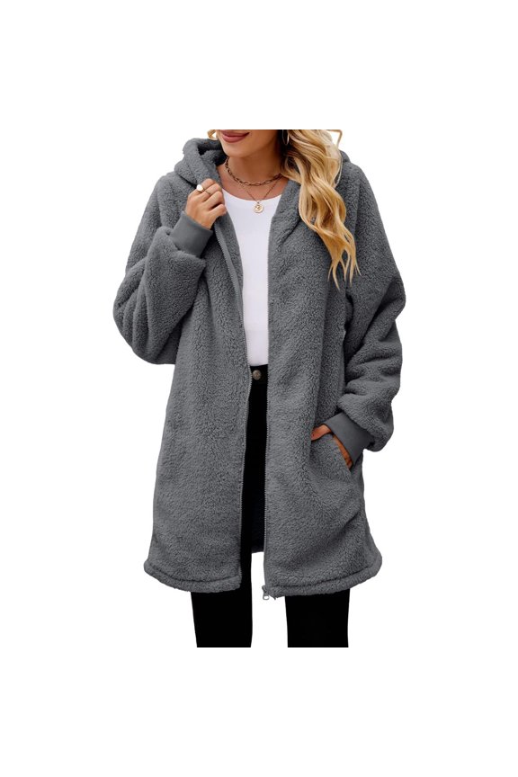 Women's Winter Coat Plush Mid Length Casual Full Zip Hooded Cozy Jackets