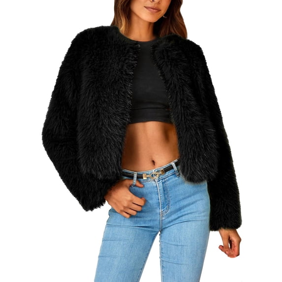 HTNBO Women's Winter Coats Fleece Cropped Jacket Faux Fur Long Sleeve Pockets Shaggy Warm Outerwear Fall Clothes