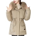 thumbnail image 1 of HTNBO Women's Winter Coats with Fur Trim Hood, Drawstring Waist Thicken Parka Jacket Warm Fleece Outerwear with Pockets, 1 of 4