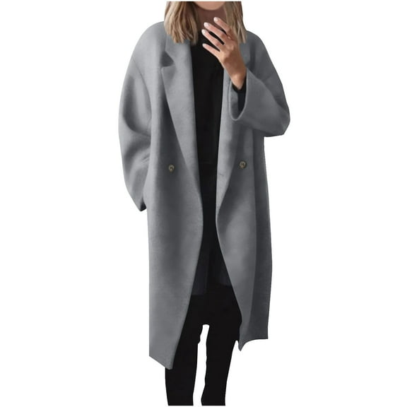 HTNBO Women's Winter Double Breasted Wool Coat Long Sleeve Notch Lapel Long Trench Coat