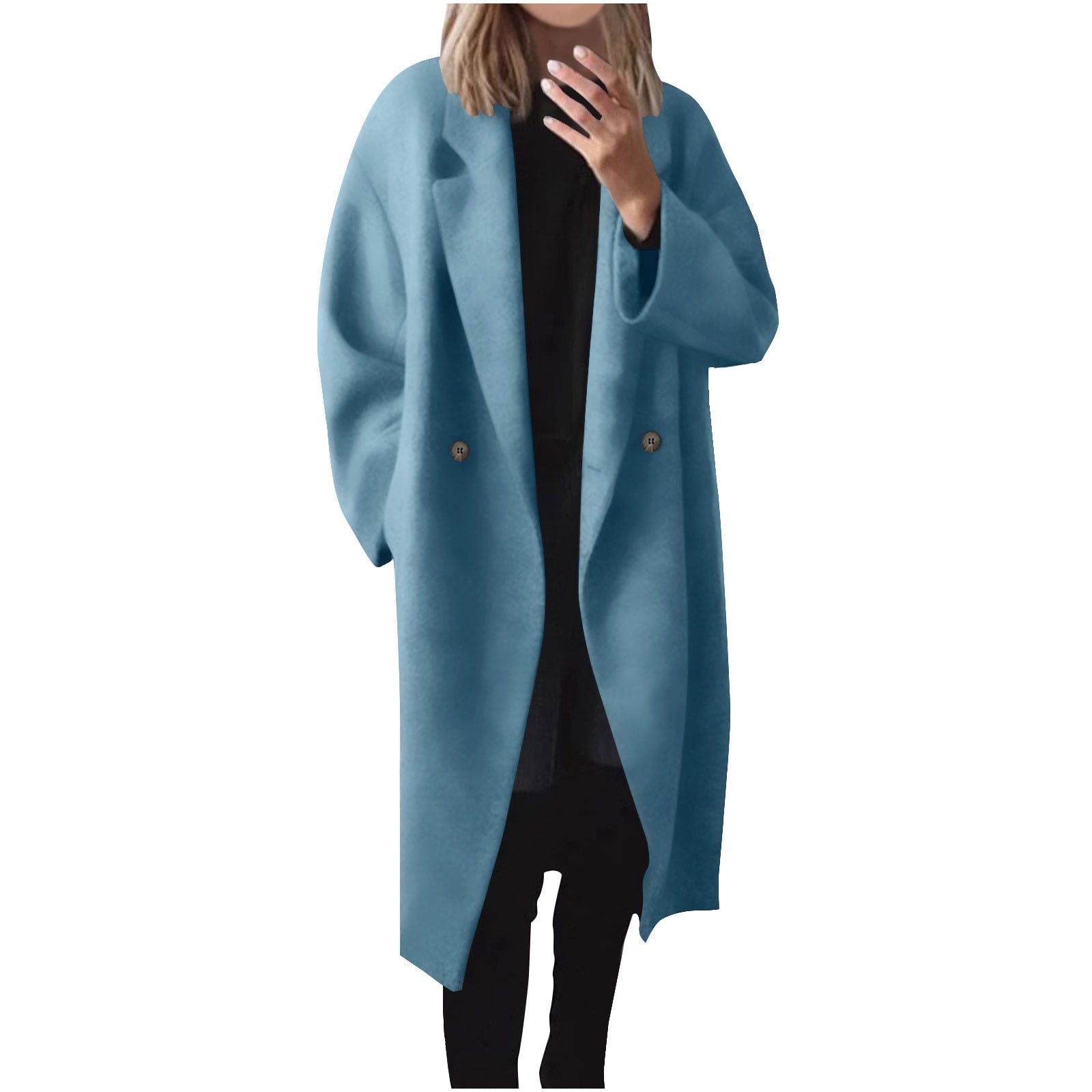 HTNBO Women's Winter Double Breasted Wool Coat Long Sleeve Notch Lapel ...
