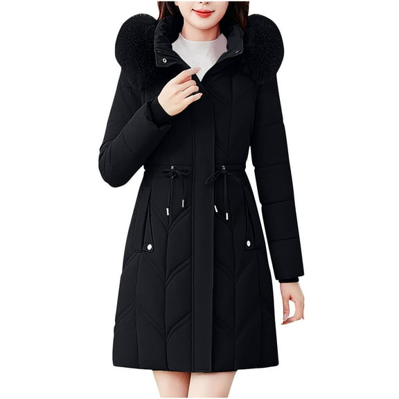 HTNBO Women's Winter Faux Fur Collar Coat Solid Color Loose Hooded Long Sleeves Drawstring Puffer Jacket
