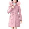 thumbnail image 1 of HTNBO Women's Winter Faux Fur Collar Coat Solid Color Loose Hooded Long Sleeves Drawstring Puffer Jacket, 1 of 6