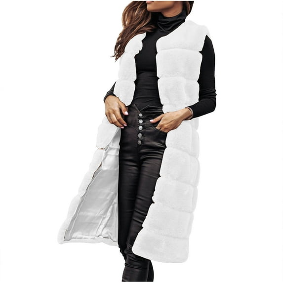 HTNBO Women's Winter Faux Fur Vest Sleeveless Jackets Open Front Long Shaggy Outerwear Fuzzy Fleece Jacket Coat