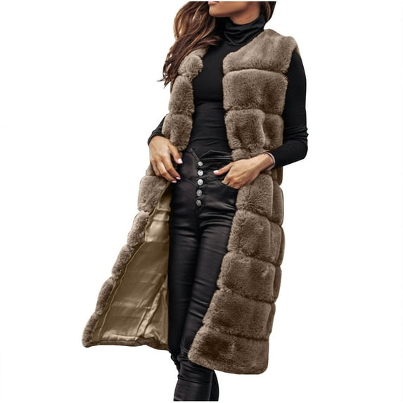 HTNBO Women's Winter Faux Fur Vest Sleeveless Jackets Open Front Long Shaggy Outerwear Fuzzy Fleece Jacket Coat