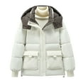 thumbnail image 1 of HTNBO Women's Winter Hoode Puffer Jacket Splice Long Sleeve Zip Up Quilted Baggy Warm Short Down Coats with Pockets, 1 of 4