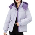 thumbnail image 1 of HTNBO Women's Winter Hoode Puffer Jacket Splice Long Sleeve Zip Up Quilted Baggy Warm Short Down Coats with Pockets, 1 of 2