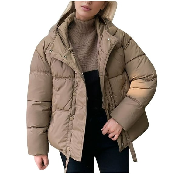 HTNBO Women's Winter Hooded Puffer Jacket Oversized Zip Up Quilted Padded Short Down Coat with Pockets