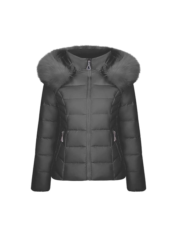 Women’s Winter Puffer Jacket with Faux Fur Hood Short Quilted Warm Coat Lightweight Insulated Outerwear