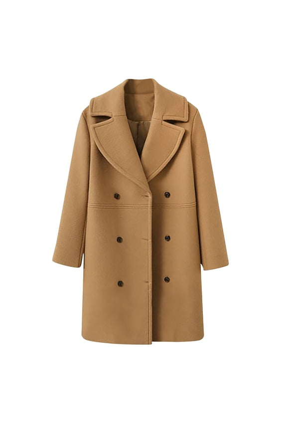 Women's Wool Blend Double Breasted Pea Coat Notched Lapel Mid Long Trench Overcoat with Pockets