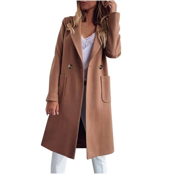 HTNBO Women's Wool Blend Trench Coat Winter Jackets Mid Long Pea Coats Dressy Casual Double Breasted Overcoat
