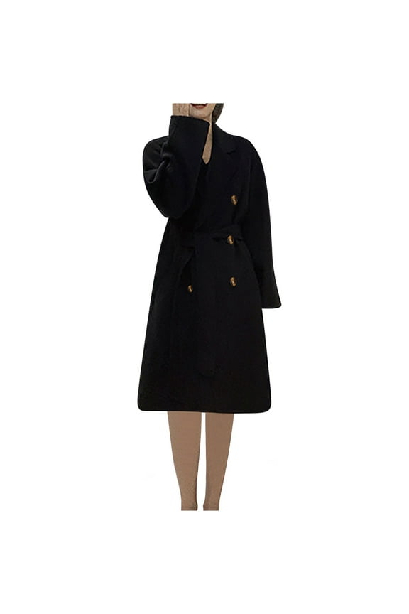 Women's Wool Pea Coats Winter Thick Overcoat Knee-Length Waisted Wrap Coat Trendy Outwear Trench Coat with Pockets