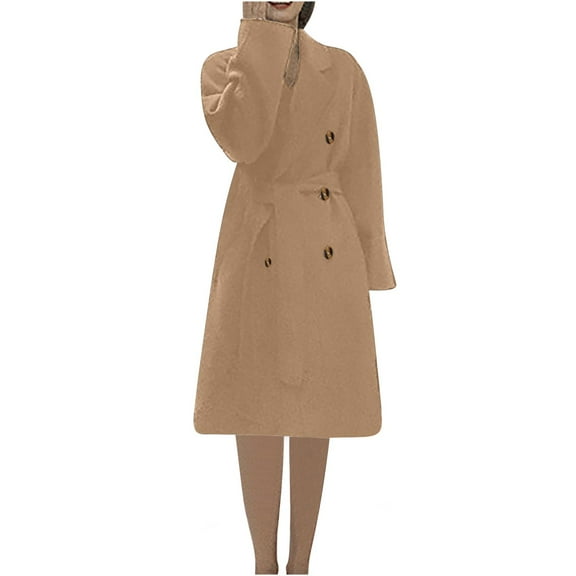 HTNBO Women's Wool Pea Coats Winter Thick Overcoat Knee-Length Waisted Wrap Coat Trendy Outwear Trench Coat with Pockets