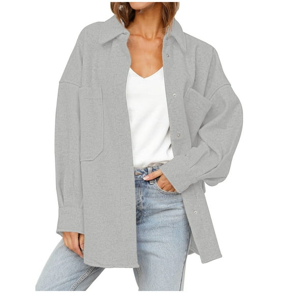 HTNBO Women's Woolen Shacket Lapel Button Down Lightweight Casual Jacket Long Sleeve Boyfriend Shirt Blouses