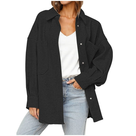 HTNBO Women's Woolen Shacket Lapel Button Down Lightweight Casual Jacket Long Sleeve Boyfriend Shirt Blouses