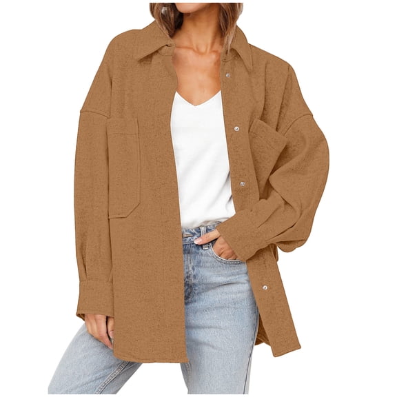 HTNBO Women's Woolen Shacket Lapel Button Down Lightweight Casual Jacket Long Sleeve Boyfriend Shirt Blouses