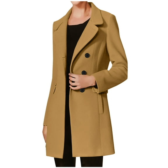 HTNBO Women's Woolen Winter Warm Coat Notched Collar Double Breasted Open Front Cardigan Mid-Long Trench Coats