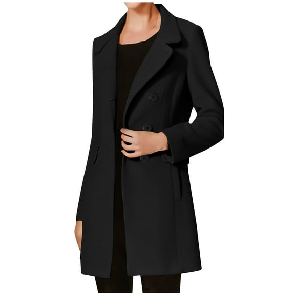 HTNBO Women's Woolen Winter Warm Coat Notched Collar Double Breasted Open Front Cardigan Mid-Long Trench Coats