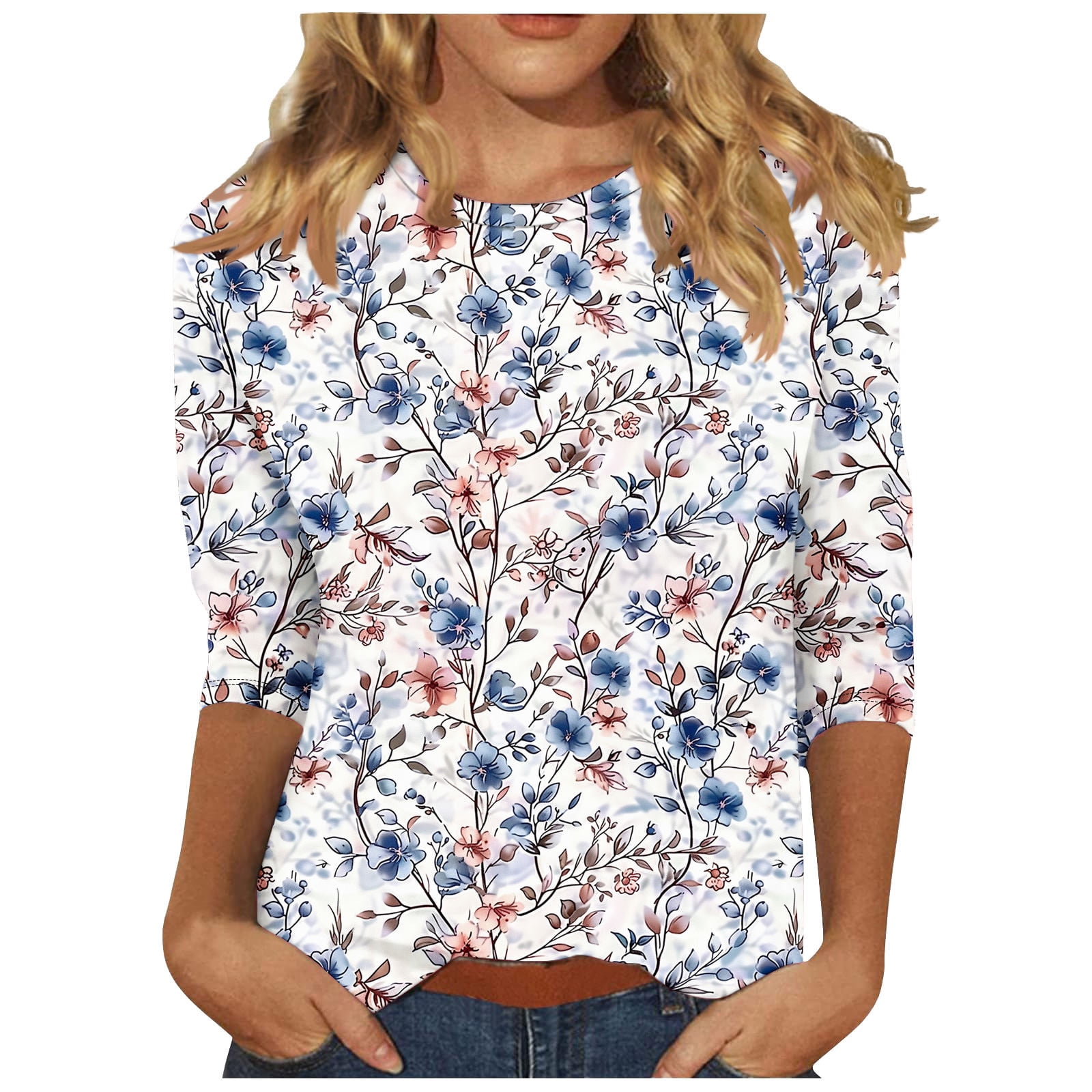 Women's 3/4 Sleeve Blouse | Loose Fit Casual Top With Floral Print, Round Neck, Soft Rayon Blend Fabric - View #2