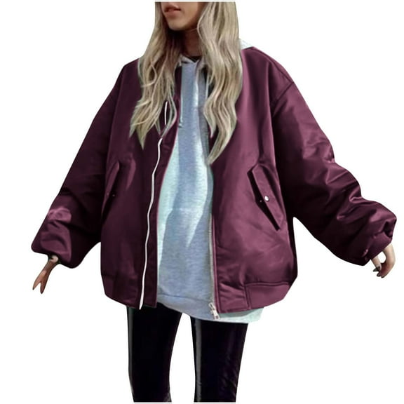HTNBO Womens Baggy Bomber Jackets Quilted Lightweight Puffer Baseball Jacket Winter Warm Cotton Coat Fashion Outerwear