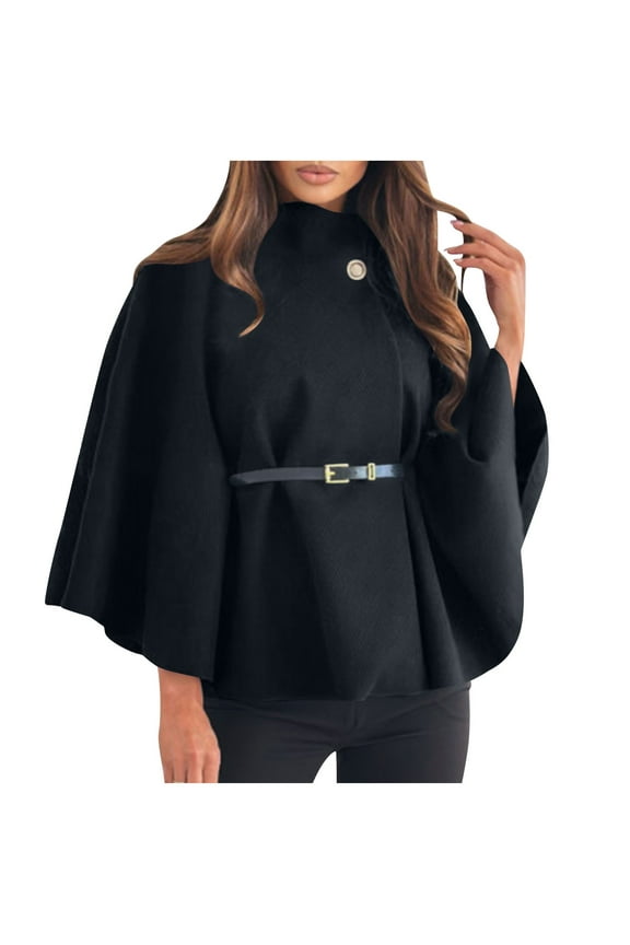 Womens Batwing Sleeve Poncho Pea Coats Oversized Belted Trendy Casual Stand Collar Cloak Cape Coats
