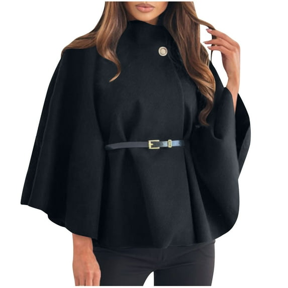 HTNBO Womens Batwing Sleeve Poncho Pea Coats Oversized Belted Trendy Casual Stand Collar Cloak Cape Coats