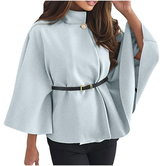 HTNBO Womens Batwing Sleeve Poncho Pea Coats Oversized Belted Trendy Casual Stand Collar Cloak Cape Coats