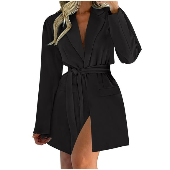 HTNBO Womens Blazer Dress Casual Elegant Long Sleeve Lapel Formal Work Office Long Suit Strappy Belt Coat Jackets