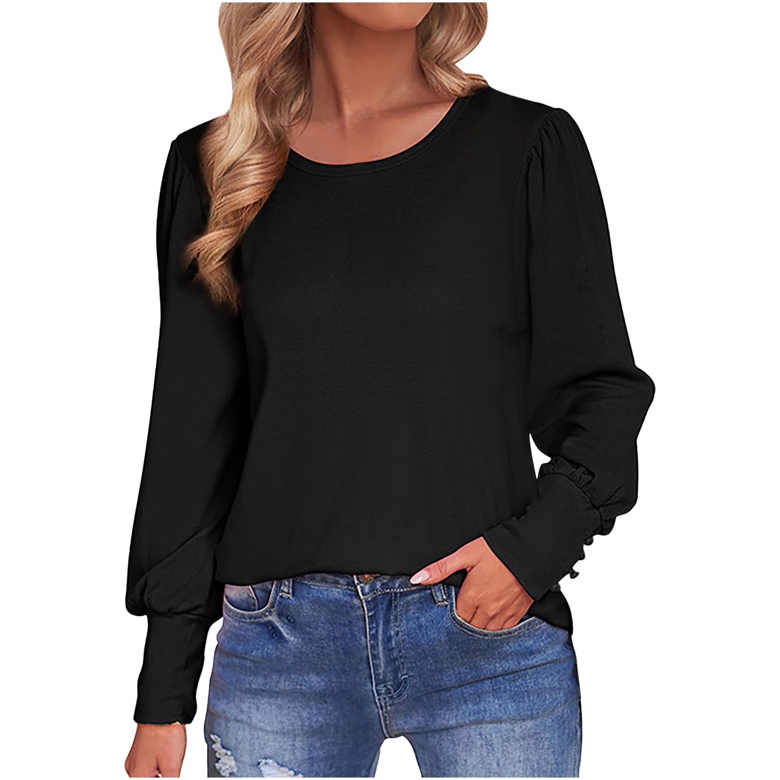 HTNBO Womens Bubble Sleeve Tops Dressy Casual Crew Neck Loose Fit Fall